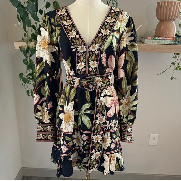 Farm Rio Surreal Flowers Belted Minidress Long Sleeve Puff Sleeve Boho M - Picture 2 of 12